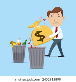 Man Throws Money into a Recycle Bin. Throwing Money Trash Concept. Flat, Vector, Illustration, Cartoon, EPS10. 