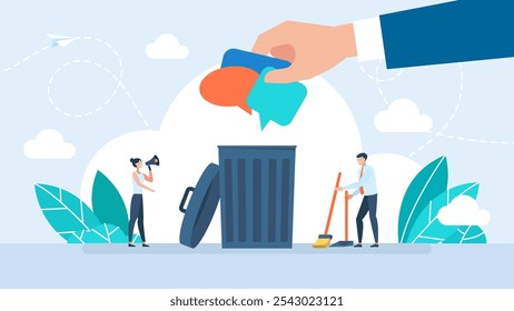 A man throws other people's thoughts and beliefs into the trash. Ignore people's views. Trash Talk Message. A hand throwing a speech bubble in a waste bin, a censorship concept. Vector illustration.