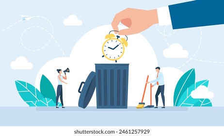 Man throws out alarm clock in trash can. Trash bin with clock, icon, recycle time, hour cleaning, waste. Flat style. Vector illustration