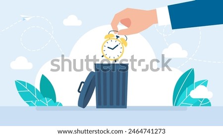 Man throws out alarm clock in trash can. The concept of organization, productivity, management. Trash bin with clock, icon, recycle time, hour cleaning, waste. Flat style. Vector illustration