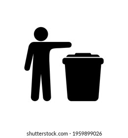 man throws out garbage, icon trash can, stick man stands near the box
