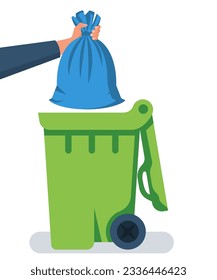 The man throws out the trash. Garbage bag in a man's hand. Vector illustration flat design. Isolated on white background. 