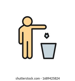 Man throws out waste, trash flat color line icon.