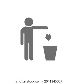 Man throws out waste, trash grey icon.