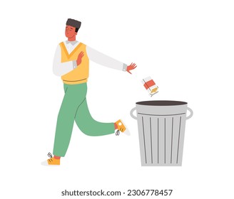 Man throws pack of cigarettes in trash flat style, vector illustration isolated on white background. Stop smoking, unhealthy habit, decorative design element