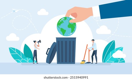 A man throws the planet earth into a dustbin. Land restoration, desertification and drought resilience. Ecology concept. World Environment Day. Tiny people clean up. Vector illustration