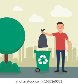 Man throws a plastic bag into the trash can, against the backdrop of a modern cityscape. Concept of caring for the environment. Flat cartoon design. Vector illustration.