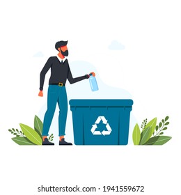 Man throws plastic bottle into trash can, garbage recycling sign The concept of caring for environment and sorting garbage. Recycle, ecological lifestyle vector illustration. Man with recycling basket