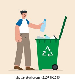 Man throws a plastic bottle into the trash can. Protection of the environment and sorting garbage. Vector illustration. 