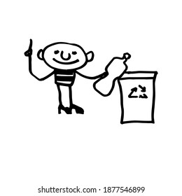 A man throws plastic garbage into a container. Hand-drawn funny character. vector illustration