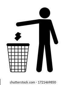 man throws trash in the basket. Recycling sign. Isolated vector on white background