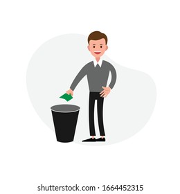 man throws trash in the trash flat illustration of character. design element