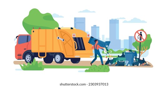 Man throws trash out of truck in wrong place near no littering warning sign. Trash pile with stinking bag and container. Dirty street, unsorted rubbish. Cartoon flat