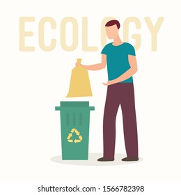man throws trash in recycle can, concept of ecology, recycle and save the planet, vector illustration