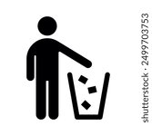 Man Throws Trash Vector Solid Icon Design on White Background. Rubbish Bin, Garbage, Recycling, Keep Clean Sign. Label for Packaging.