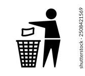 Man Throws Trash Vector Solid Icon Design on White Background. Do Not Litter Symbol. Rubbish Bin, Garbage, Recycling, Keep Clean Sign. Label for Packaging.