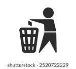 Man Throws Trash Vector Solid Icon Design on White Background. Rubbish Bin, Garbage, Recycling, Keep Clean Sign. Label for Packaging. Public trash icon.