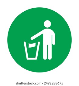 Man Throws Trash Vector Solid Icon Design Green Circle Sign. Rubbish Bin, Garbage, Recycling, Keep Clean Symbol. Label for Packaging.