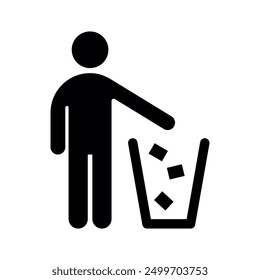 Man Throws Trash Vector Solid Icon Design on White Background. Rubbish Bin, Garbage, Recycling, Keep Clean Sign. Label for Packaging.