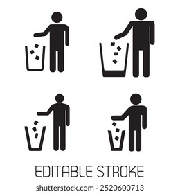 Man Throws Trash Vector Solid Icon set Design on White Background. Rubbish Bin, Garbage, Recycling, Keep Clean Sign. Label for Packaging.