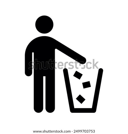 Man Throws Trash Vector Solid Icon Design on White Background. Rubbish Bin, Garbage, Recycling, Keep Clean Sign. Label for Packaging.