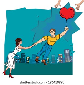 Man throws woman. Broken love. Illustration.