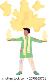 Man throws yellow paint semi flat color vector character. Dynamic figure. Full body person on white. Tradition on Holi isolated modern cartoon style illustration for graphic design and animation