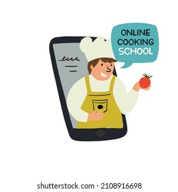 Man durch das Handy hält frisches Essen in der Hand und trägt Schürze und Kochmütze im Konzept des Unterrichts der Online-Kochkunst in der Kochschule. Handgezeichnete Illustration für Leidenschaft, Hobby, Zubereitung von Speisen