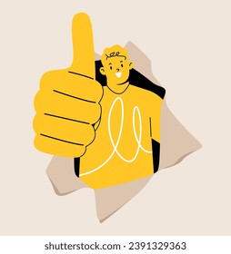 Man thumb up coming out from torn paper. Colorful vector illustration 