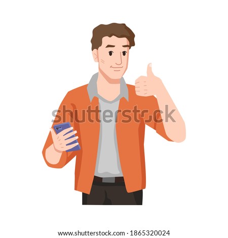 Man with thumb up likes smartphone isolated male person in casual cloth showing approval gesture to modern gadget. Vector handsome person using applications on mobile device, positive handsome boy