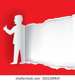 
Man with thumb up, banner template.
Red torn paper background with stylized Paper male silhouette. Vector available.