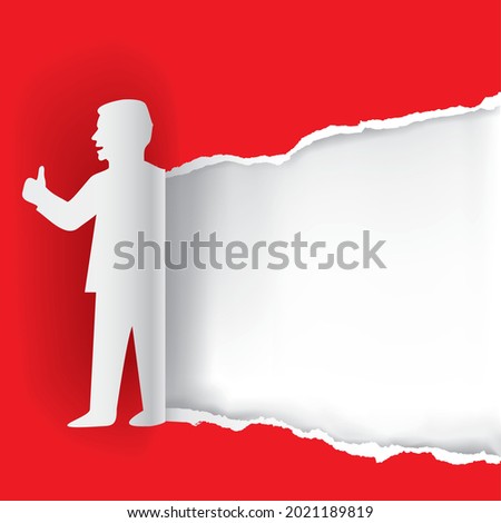 
Man with thumb up, banner template.
Red torn paper background with stylized Paper male silhouette. Vector available.