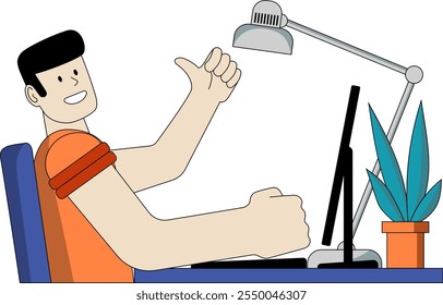 a man thumb up working on the desk with computer transparent background. flat design element. 