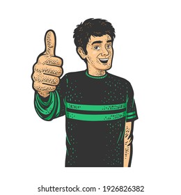 Man thumbs up color sketch engraving vector illustration. T-shirt apparel print design. Scratch board imitation. Black and white hand drawn image.