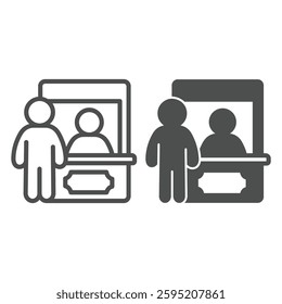 Man with tickets cashier box line and solid icon, city museum concept. Vector graphics. Human buying ticket sign on white background, outline style icon for mobile or web design