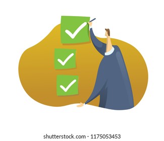 Man ticking boxes. Green boxes checked by businessman. Colored flat vector illustration on white background.