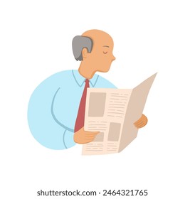 Оld man in a tie with a bald head is reading a newspaper. Flat vector illustration on white background.