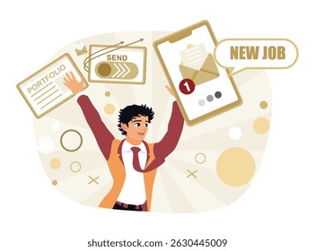 A man in a tie celebrates success in a new job. A job candidate creates a portfolio, sends it, and gets a new job. Flat vector illustration.