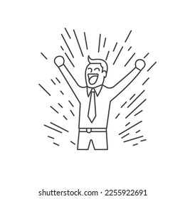 Man with a tie celebrating with arms up. Vector thin line icon drawing illustration. Business success, celebration