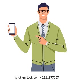 Man in a tie and glasses points his finger at a blank mobile phone screen. Business man, leader, manager shows a smartphone. Flat style isolated on white. Vector.