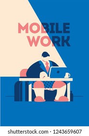 man in the tie, jacket and pants is working at his laptop. Vector illustration.
