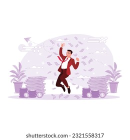 A man in a tie jumps happily against a pile of money and money raining in the background. Trend Modern vector flat illustration.