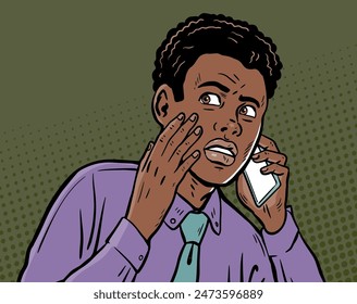 A man in a tie makes a secret phone call. Danger message. Gossip and complaint. Fear and bewilderment on the face. Problems at work. Cartoon vector illustration in pop art style. Hand drawn outline