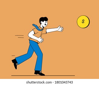 A man in a tie runs for a gold coin.  A businessman in pursuit of profit. The concept of a career and the pursuit of money. Vector image.