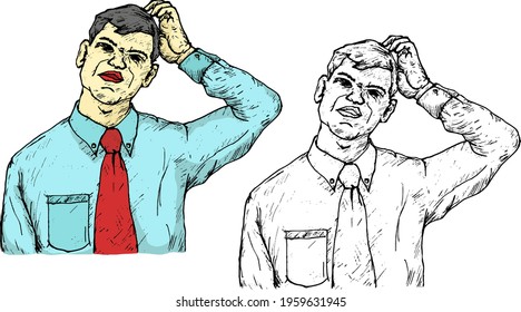 Man in tie scratching his head in puzzlement. Hand drawn vector illustration.