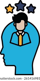 A man with a tie is shown in a blue head with three stars. Concept of success and achievement