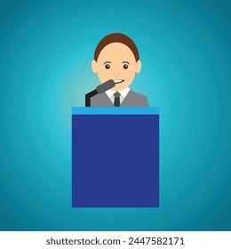 Man with tie and suit giving a speech from a tribune