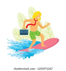 Man in tie with surfboard on beach vector. Travel vector cartoon flat concept illustration.