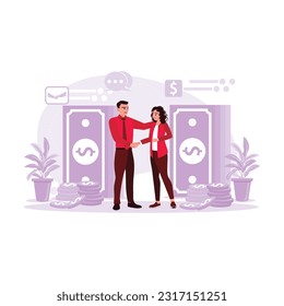 A man in a tie and a woman shake hands and trade some money. Trend Modern vector flat illustration.