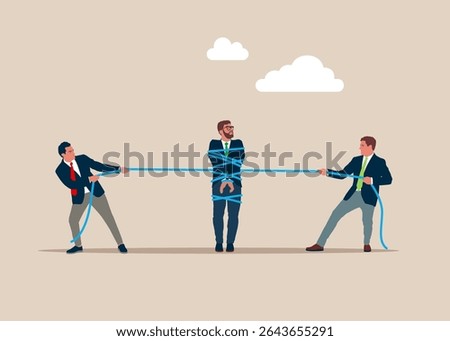Man tied by a rope held by 2 businessmen. Crash in business and career. No income and debt is increasing. Analyze data, crash and Company Bankruptcy. Vector illustration